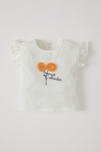 Kız Bebek Çiçek Nakışlı Kısa Kol Pamuklu Tişört