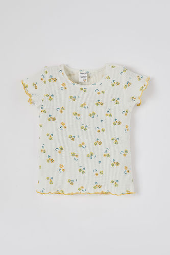 Baby Girl Floral Patterned Ribbed Short Sleeved T-Shirt