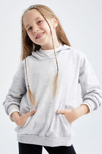 Kız Çocuk Regular Fit Kapüşonlu İçi Yumuşak Tüylü İnce Sweatshirt Kumaşı Sweatshirt