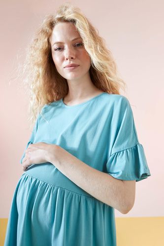 Oversize Fit Volan Detaylı Kısa Kollu Yazlık Hamile %100 Pamuk Elbisesi
