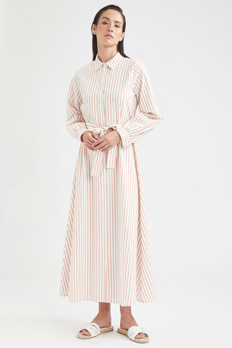 Modest- Relaxed Fit Belted Striped Long Sleeve Maxi Shirtdress