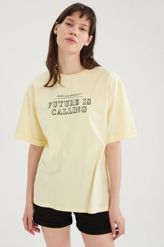 Slogan Baskılı Oversize  Kısa Kollu %100 Pamuk Tişört
