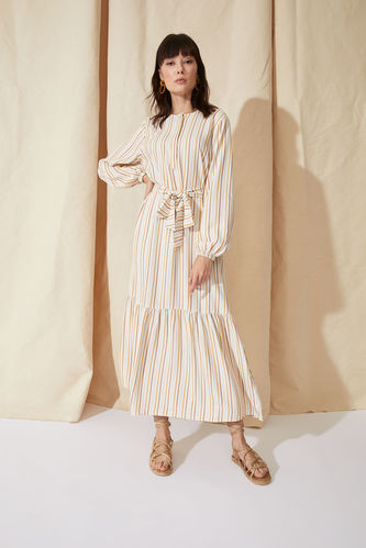 Modest- Striped Long Sleeve Belted Poplin Maxi Dress