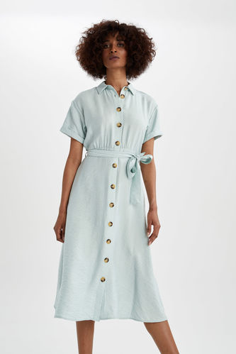 Gömlek Yaka Keten Görünümlü Yazlık Midi Elbise
