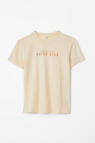 T-shirt à manches courtes en coton biologique imprimé de texte pour fille