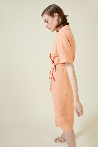 Basic Wrap Style Linen Short Sleeve Shirt Dress
