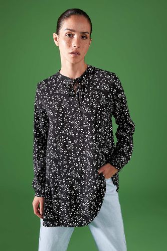 Desenli Bağcıklı Yaka Regular Fit Sürdürülebilir Gömlek Tunik