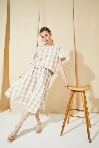 Regular Fit Linen Plaid Skirt Midi-Looking Arched