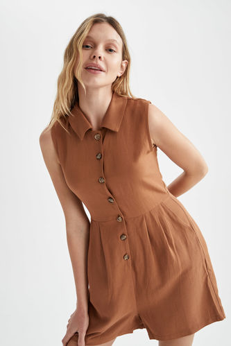 Sleeveless Fit And Flare Button Down Dress With Shirt Collar