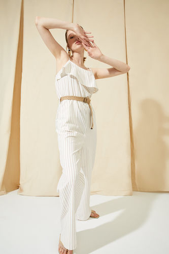 Belted Square Neck Striped Jumpsuit