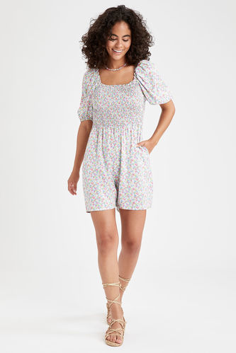Coool Square Collar Printed Short Sleeve Jumpsuit