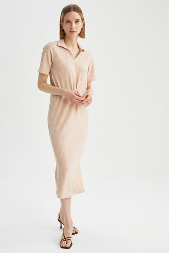 Basic Short Sleeve Midi Dress With Collar