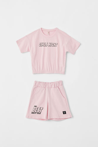 Girl Slogan Printed Crop T-Shirt Shorts 2 Piece Set