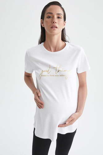 Text Printed Short Sleeve Crew Neck Maternity T-Shirt