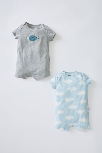 Baby Boy Cloud Patterned Short-Sleeve 2-Pack Cotton Jumpsuit