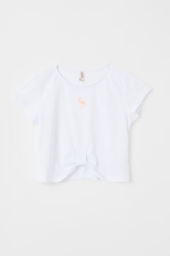 Kız Çocuk Flamingo Baskılı Crop Kısa Kollu Tişört