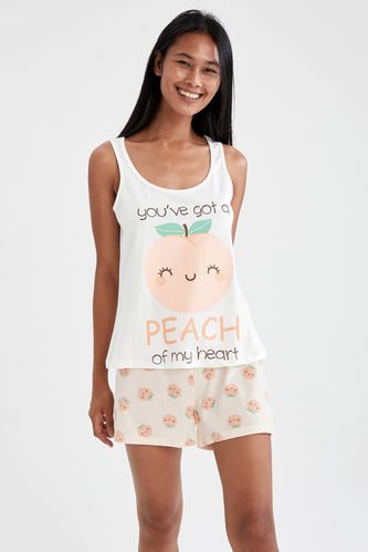 Peach Patterned Tank Top And Shorts Pyjamas Set