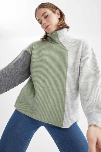Geometric Multi Coloured Turtleneck Oversize Fit Extra Soft Knitwear Tunic