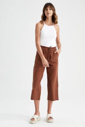 Capri Pants for Women Linen Lounge Pants for Women Elastic High Waist Pants  with Pockets Wide Leg Capris Lightweight Baggy Cropped Trousers(Coffee,X-Large)  at Amazon Women's Clothing store