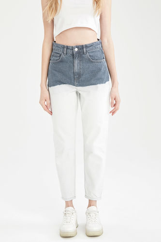 Mom Fit Yıkamalı Renk Bloklu Jean %100 Pamuk Pantolon