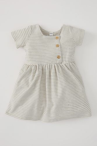 Striped Linen Short Sleeve Dress With Buttons