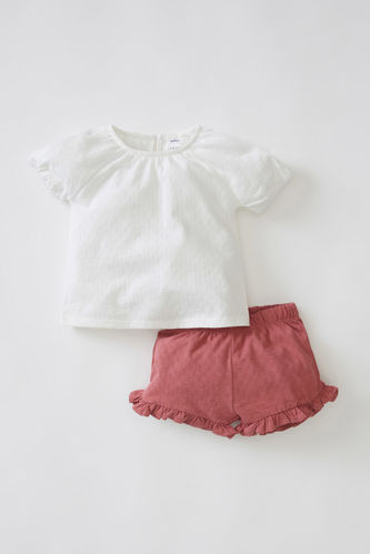 Baby Girl Short Sleeve Textured Blouse And Shorts Set