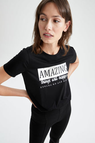 Relaxed Fit Text Printed Short Sleeve Crew Neck T-Shirt