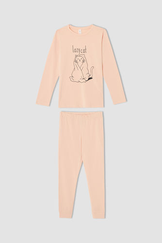Girl Cat Printed Long Sleeve Pajamas Set