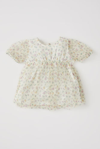 Kız Bebek Çiçek Desenli Kısa Kol Tül Elbise