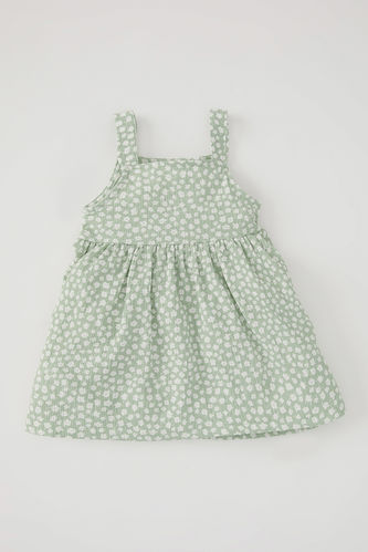 Baby Girl Floral Patterned Strap Textured Dress