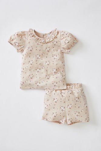 Baby Girl Floral Patterned Textured Short Sleeve T-Shirt And Shorts Set