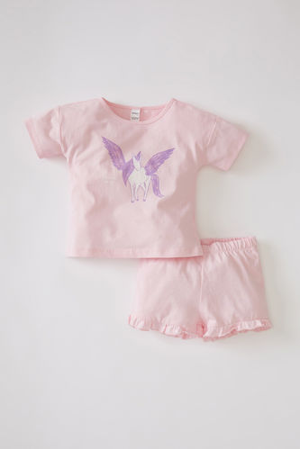Kız Bebek Unicorn Baskılı Kısa Kollu Pamuklu Tişört Ve Şort Takımı