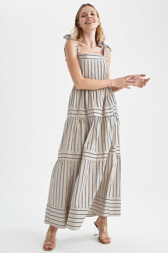 Çizgili Volanlı Askılı Bağlama Detaylı Maxi Poplin Elbise