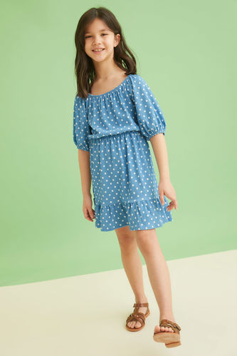 Girl Polka Dot Patterned Half Sleeve Dress