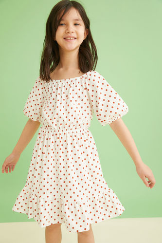 Kız Çocuk Puantiye Desenli Yarım Kollu Elbise