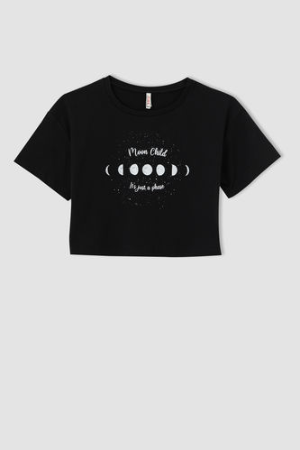Kız Çocuk Galaksi Baskılı Kısa Kollu Crop Tişört