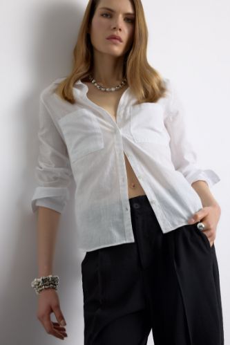 Regular Fit Basic Düz Keten Karışımlı Beyaz Uzun Kollu Gömlek