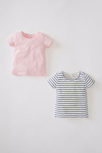 Kız Bebek Çizgili 2'li Kısa Kollu Pamuklu Tişört