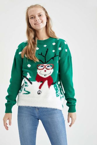 Chandail en tricot à col ras du cou à motif de bonhomme de neige sur le thème de Noël de coupe régulière