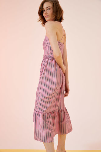 Volanlı Sırtı Çapraz Detaylı İp Askılı Çizgili Poplin Midi Elbise