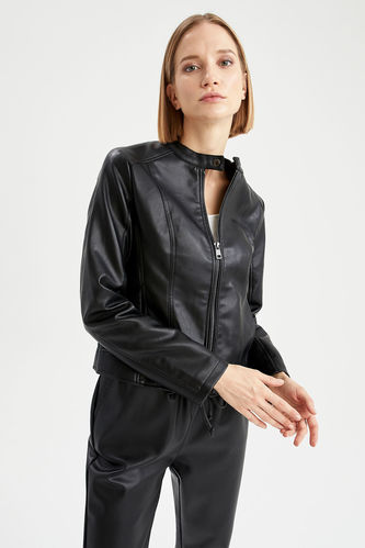 Regular Fit Long Sleeve Faux Leather Jacket