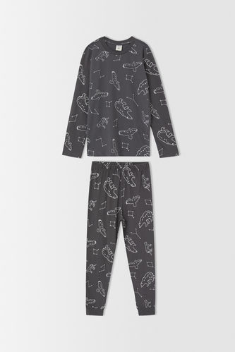 Boy Crew Neck New Year Themed Bear Printed 2 Piece Pajama Set