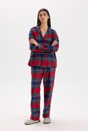 Fall in Love Pijama Takımı Kareli Flanel Uzun Kollu Üst Esnek Belli Uzun Alt