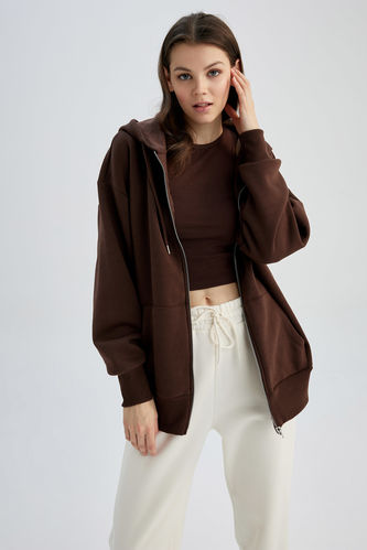 Oversize Fit Hooded Thick Sweatshirt Fabric Cardigan