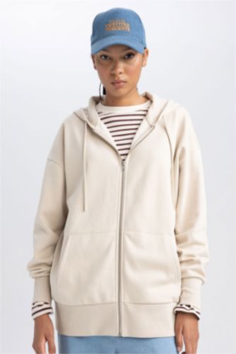Oversize Fit Hooded Pocket Basic Zippered Sweatshirt