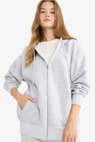 Women Grey Melange Oversize Fit Thick Fabric Zip-Up Hoodie