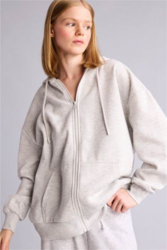 Kadın Gri Melanj Oversize Kapüşonlu Sweatshirt