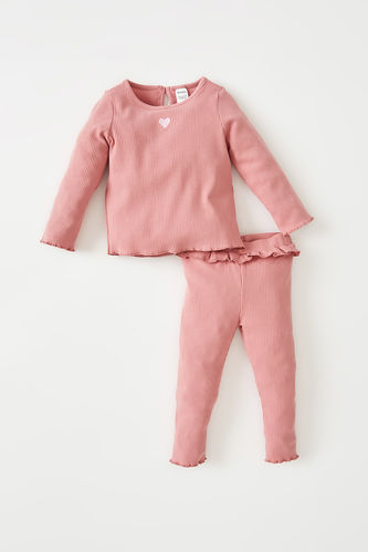 Kız Bebek Kalp Baskılı Uzun Kollu Fitilli Organik Pamuklu Pijama Takım