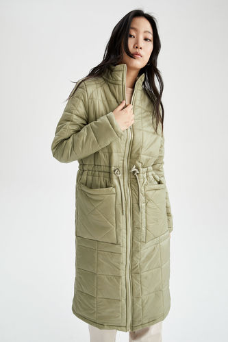 Regular Fit Stand Up Collar Quilted Long Inflatable Winter Coat With Pockets