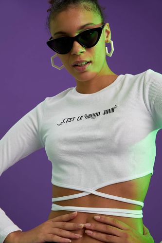 Coool Slogan Baskılı Beli Bağlama Detaylı Uzun Kollu Crop Tişört